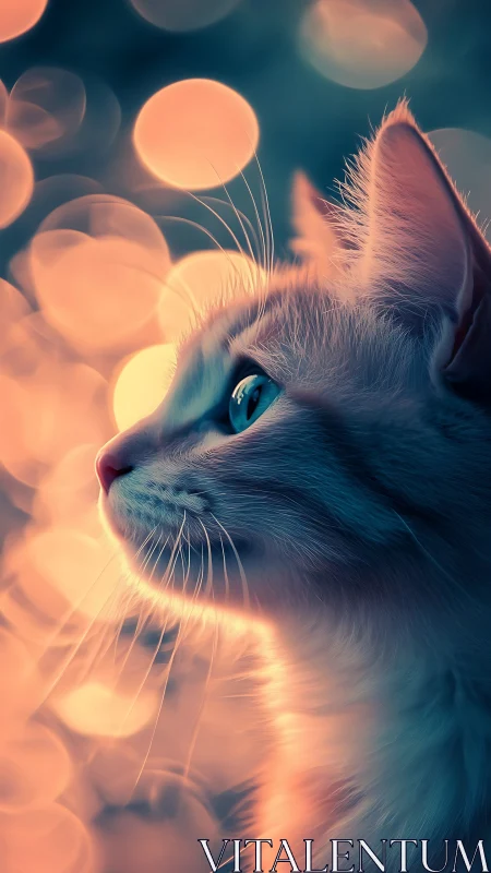 White Cat with Blue Eyes Against Soft Bokeh Lighting