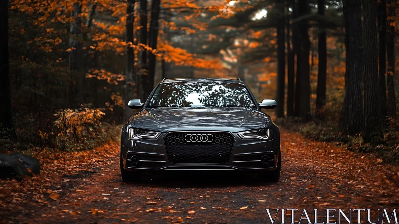 Midnight sedan prowls a copper leaf tunnel of autumn calm.