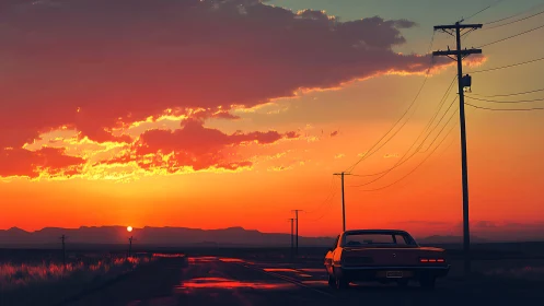 Classic car on rural highway under vivid orange sunset sky.
