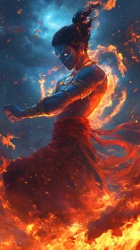 Fiery blue-skinned warrior stands engulfed in swirling flames