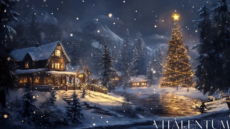 Snowy village with lit cabins and tall Christmas tree.
