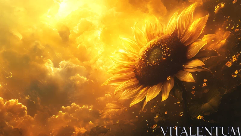 Radiant sunflower against luminous golden atmospheric clouds.