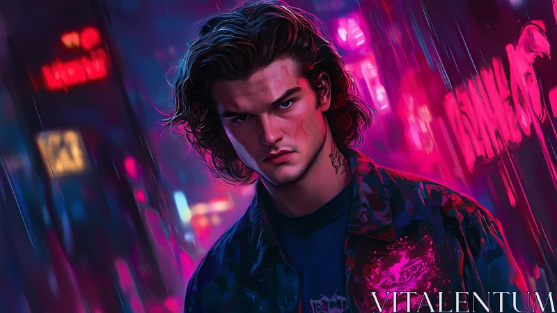 Male figure stands in neon city street under magenta lighting