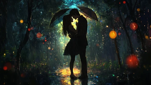 Silhouetted Couple Kissing Under Umbrella in Rain.