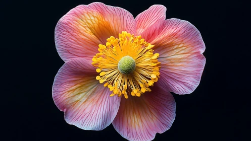 Pink Anemone Flower with Radiant Yellow Stamen Against Dark Background.
