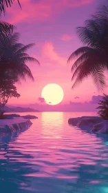 Neon tropical sunset illuminates tranquil palm lagoon