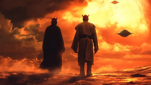 Twin horned wanderers under a swollen alien sunstorm.