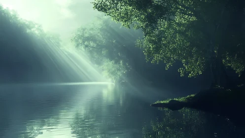 Morning light drifting through a quiet forest river bend.