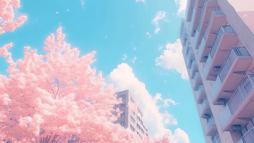 Pastel urban high-rise with cherry blossoms under cyan sky