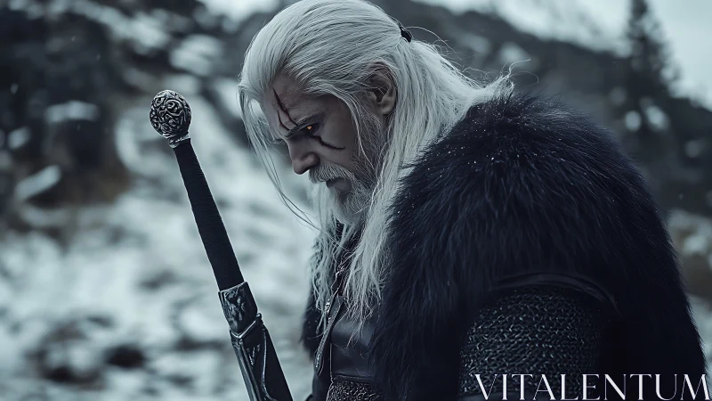 White-haired warrior in winter gear stands in snowy terrain