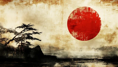 Textured Japan flag sun over ink-washed coastal landscape.