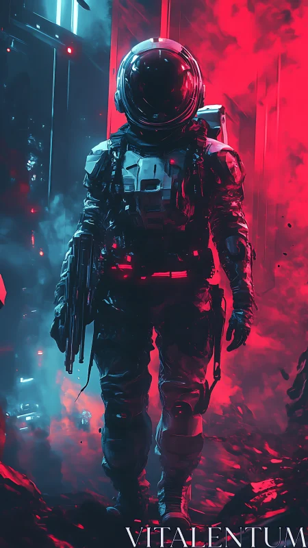 Cyberpunk space soldier in neon red-blue atmospheric corridor.