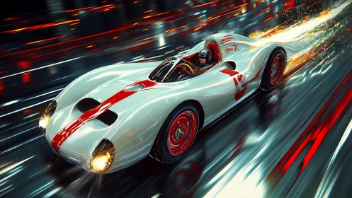 Futuristic retro race car accelerates through neon speedway