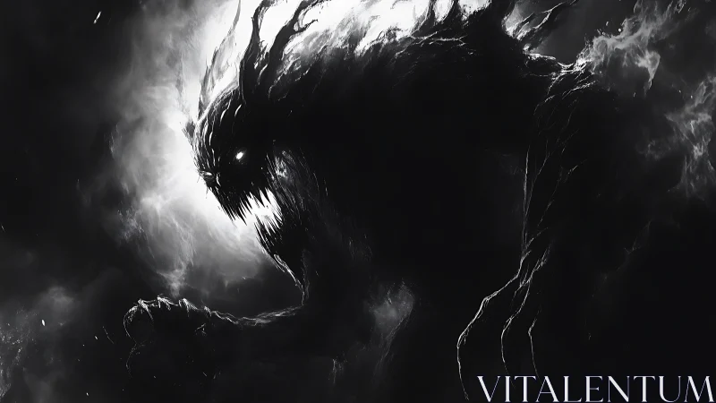 Monochrome void beast emerges through high-contrast vapor
