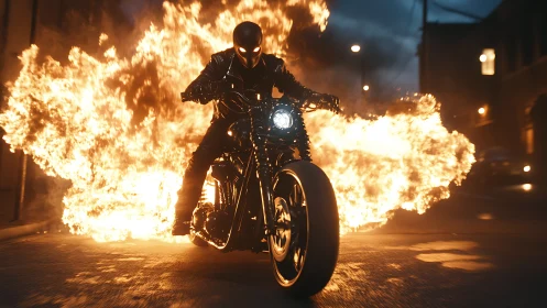 Midnight rider blazing through a city of swirling fire.