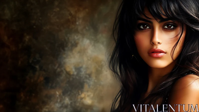 Digital female portrait with dark hair on mottled background.