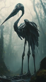 Fogborn bone-heron stalks a haunted woodland threshold.