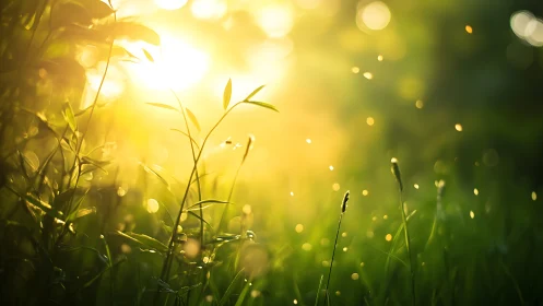 Sunlit Green Meadow With Dew and Floating Pollen, Soft Focus Nature.