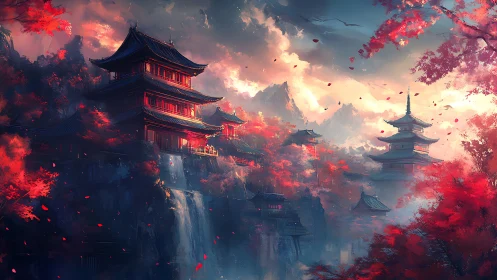 Crimson mountain temples drifting in misty waterfall light.