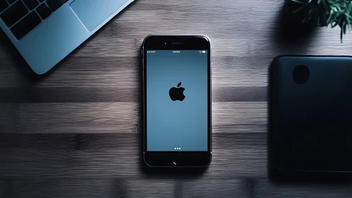 Apple iPhone on Wood Desk with Laptop and Workspace