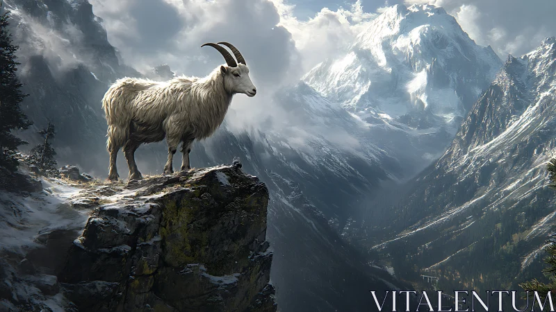 Mountain goat stands on snowy cliff above deep alpine valley