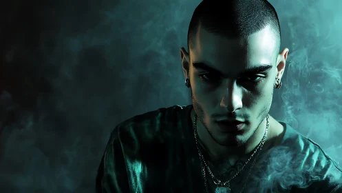 Smoke-curtained stare carves neon shadow across resolve