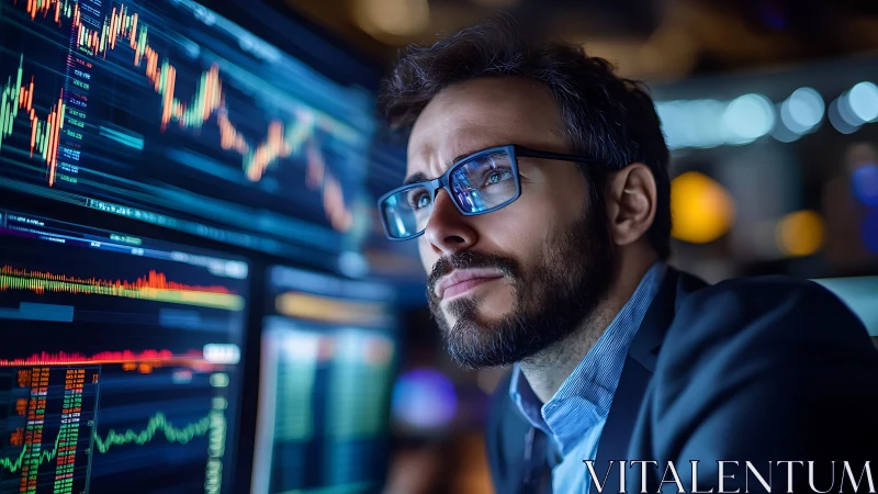 Focused market analyst studies volatile trading charts at night.