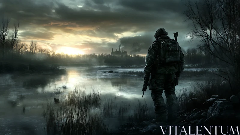 Solitary soldier observing flooded landscape at dusk.