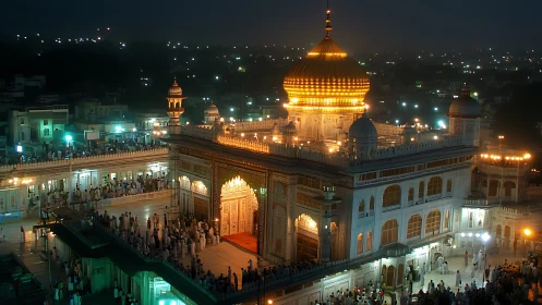 Illuminated golden-domed shrine glows over crowded night courtyard