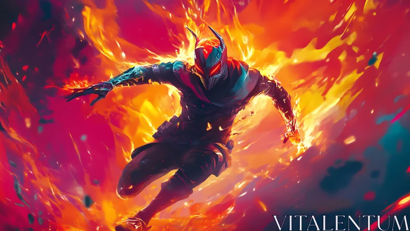 Flame-charged hero racing through a storm of wild fire.