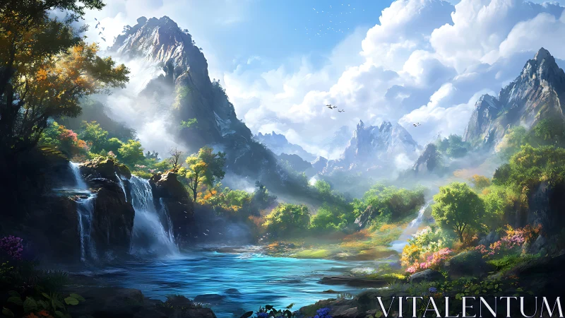 Sunlit mountain waterfalls pour into a tranquil sapphire valley