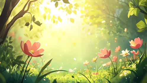 Sunlit woodland clearing with stylized pink wildflowers.