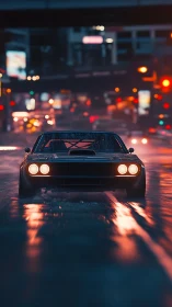 Muscle car charges through wet neon city street at night