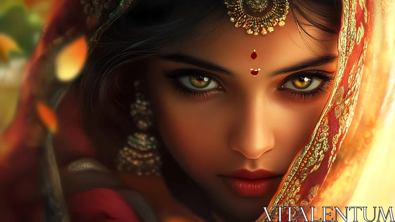 Digital portrait of veiled woman with intense gaze.