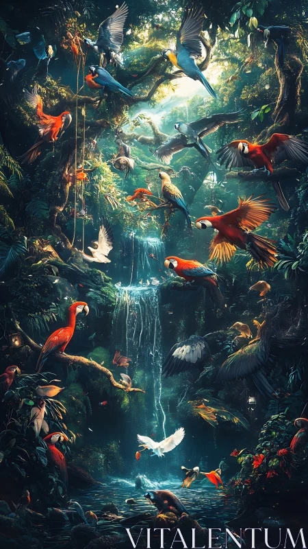 Colorful parrots circling a glowing rainforest waterfall.