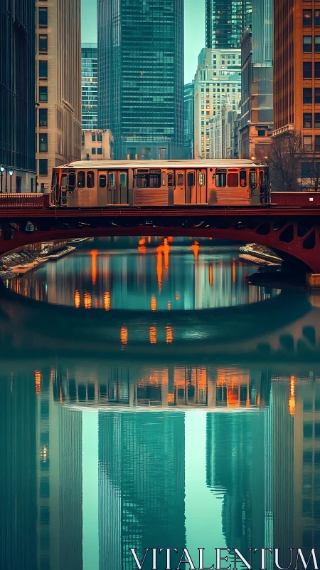 Urban train crosses river bridge amid mirrored city towers