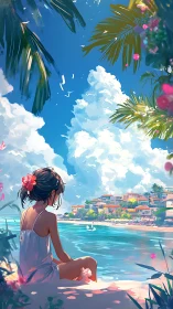 Backlit coastal girl observes tropical bay under towering cumulus