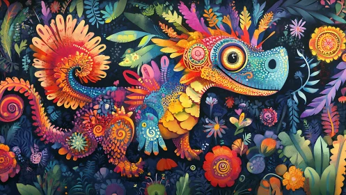 Color-saturated reptile illustration within dense foliage scene.