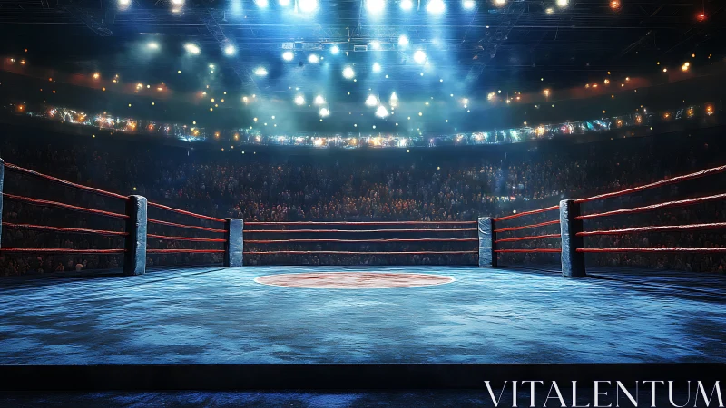 Empty Wrestling Ring Bathed in Stadium Lights