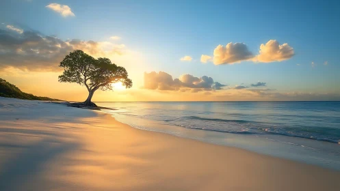 Solitary coastal tree at low tide under warm sunrise light
