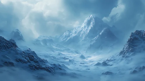 Glaciated mountain massif in atmospheric blue diffusion field.