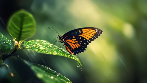 Butterfly on rain soaked leaf in soft green background.