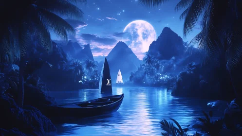 Moonlit Tropical Paradise: A Serene Night Escape.