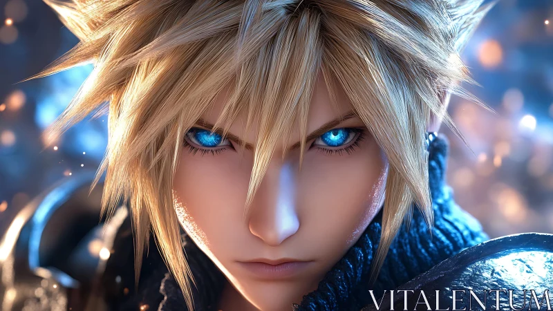 Cinematic blue-eyed swordsman in high-detail digital portrait.