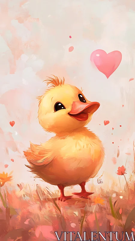 Yellow duckling amid floating hearts and floral background.