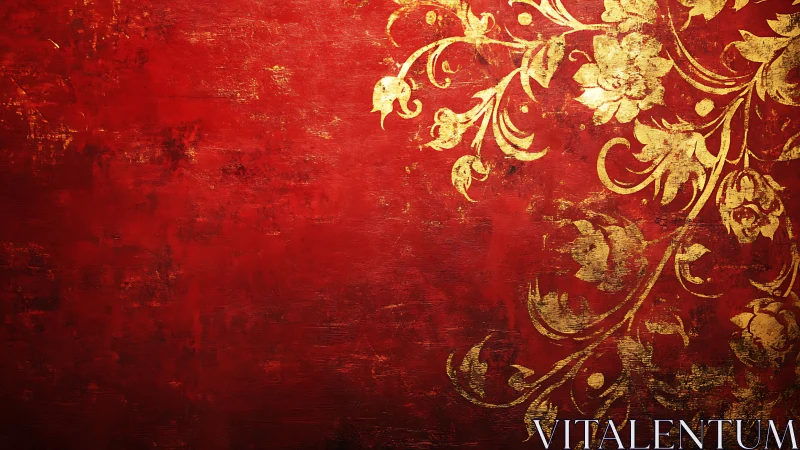 Baroque floral gold ornament on distressed crimson backdrop