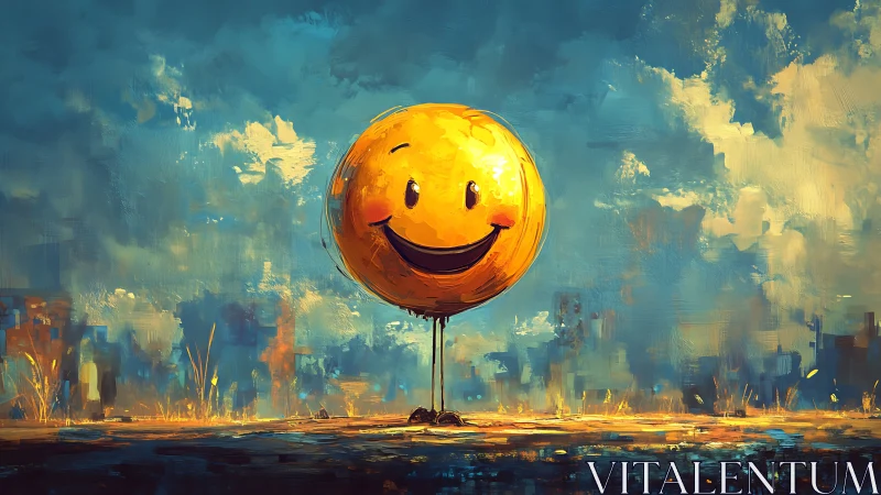 Whimsical Smiley Balloon Amid Painterly Urban Horizon.
