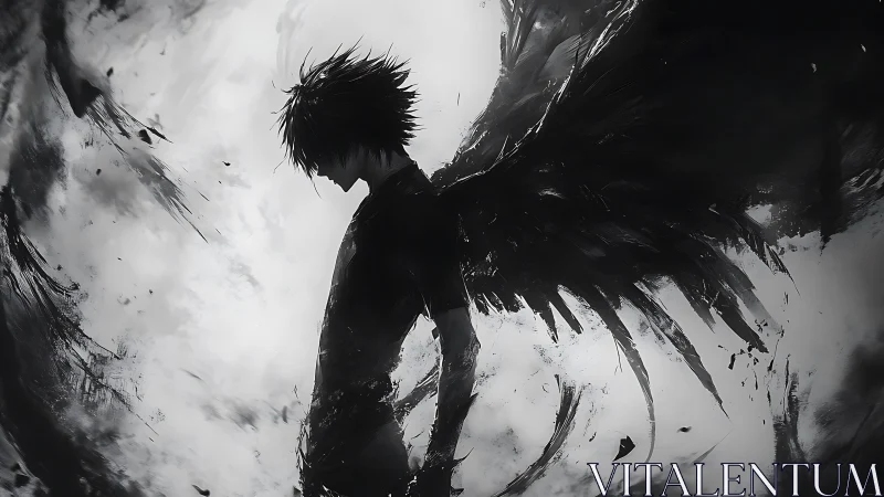 Shadowed angelic figure emerges from swirling darkness.