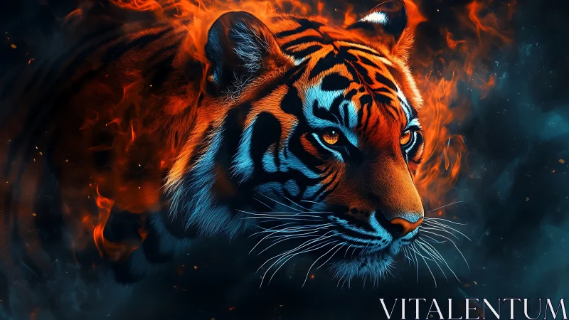 Embercrowned tiger drifting through midnight smoke and sparks.