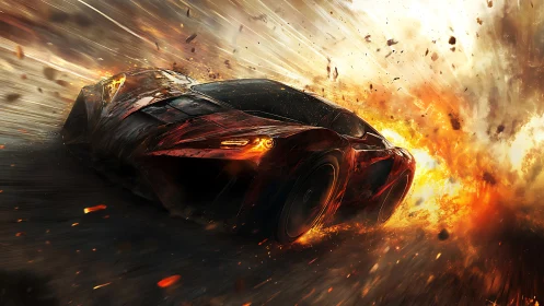 Hyperdynamic red supercar outrunning explosive firestorm plume